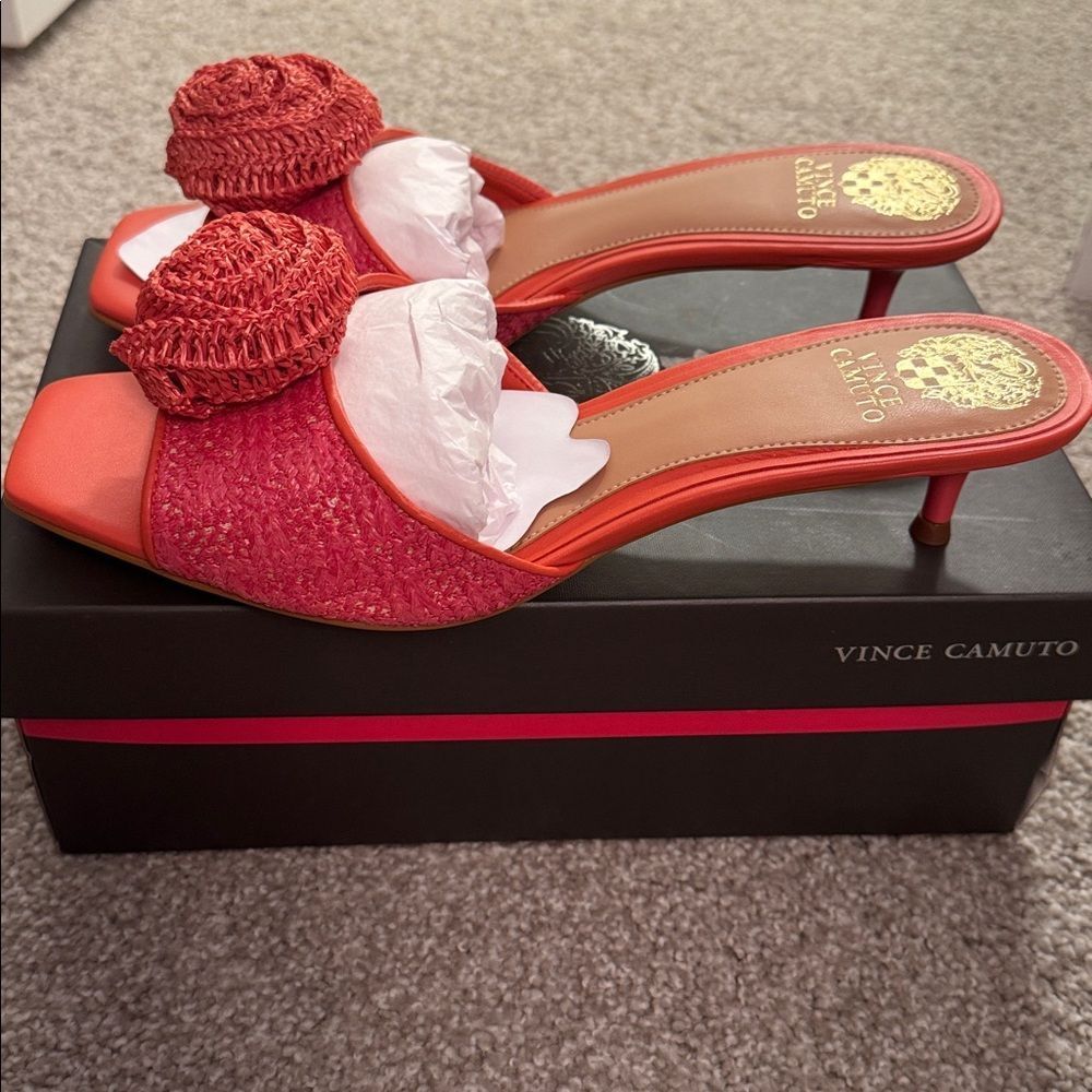 Vince Camuto Red Raffia Knot Mule Heels